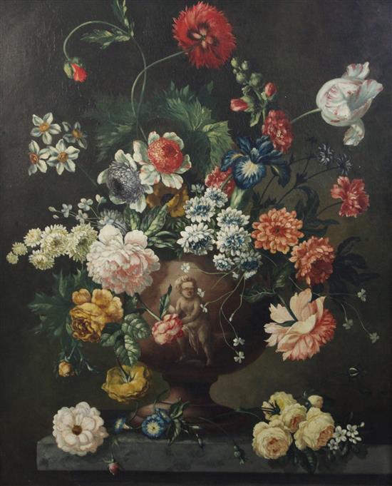 Follower of Peter Casteels Still life of flowers in an urn upon a ledge 32 x 25.5in.